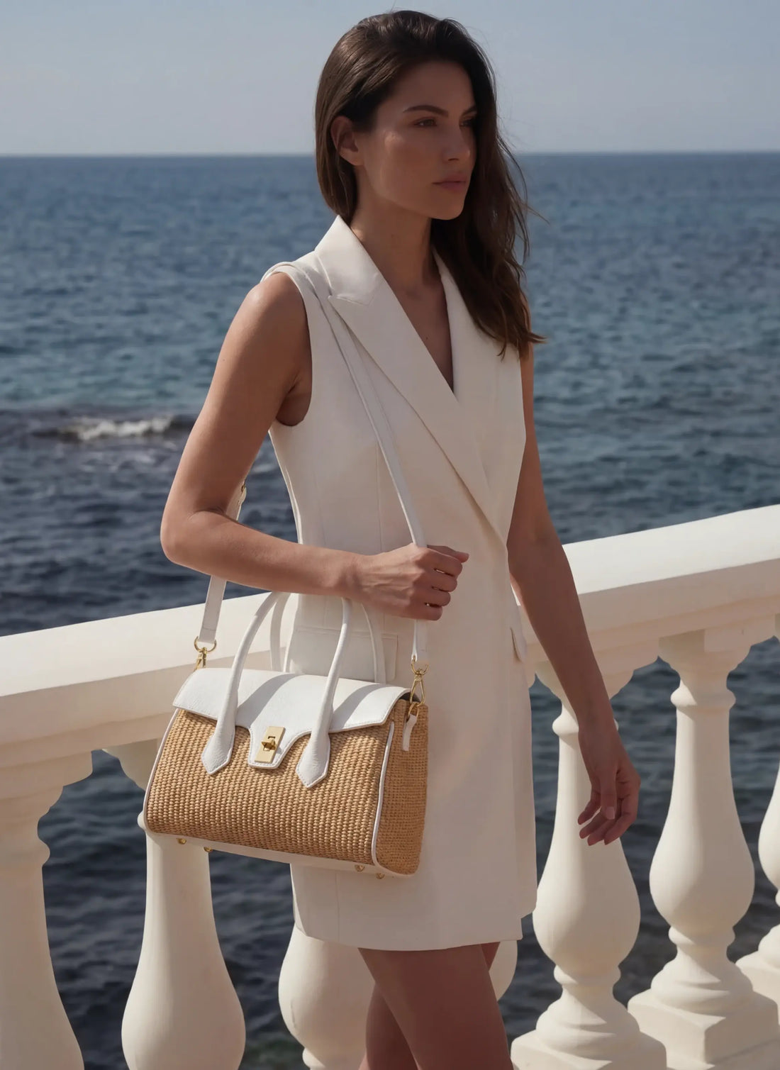 Borsa Cécile in Pelle e Rafia Bianca - Voemièn