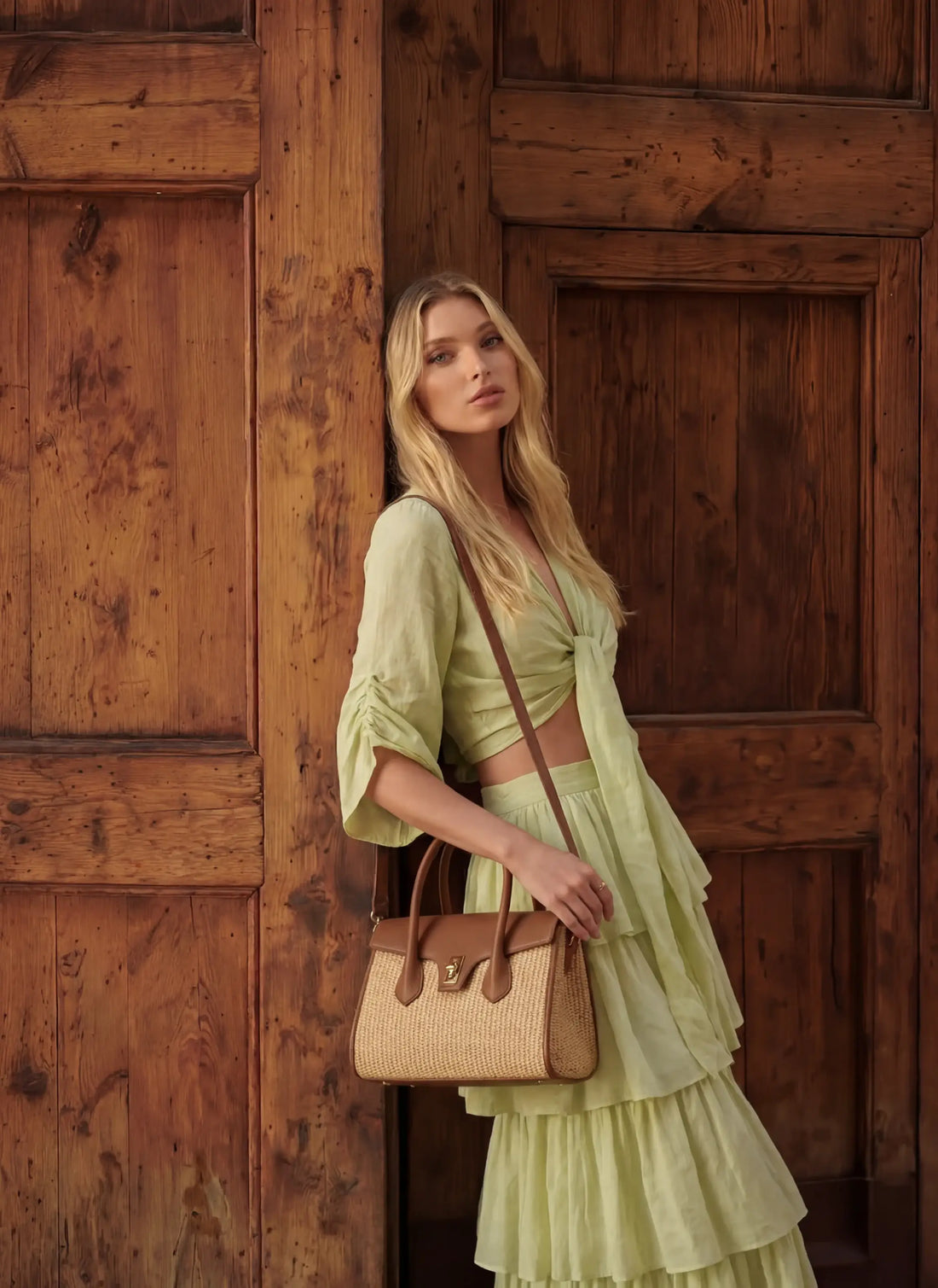 Borsa Cécile in Pelle e Rafia Cuoio - Voemièn