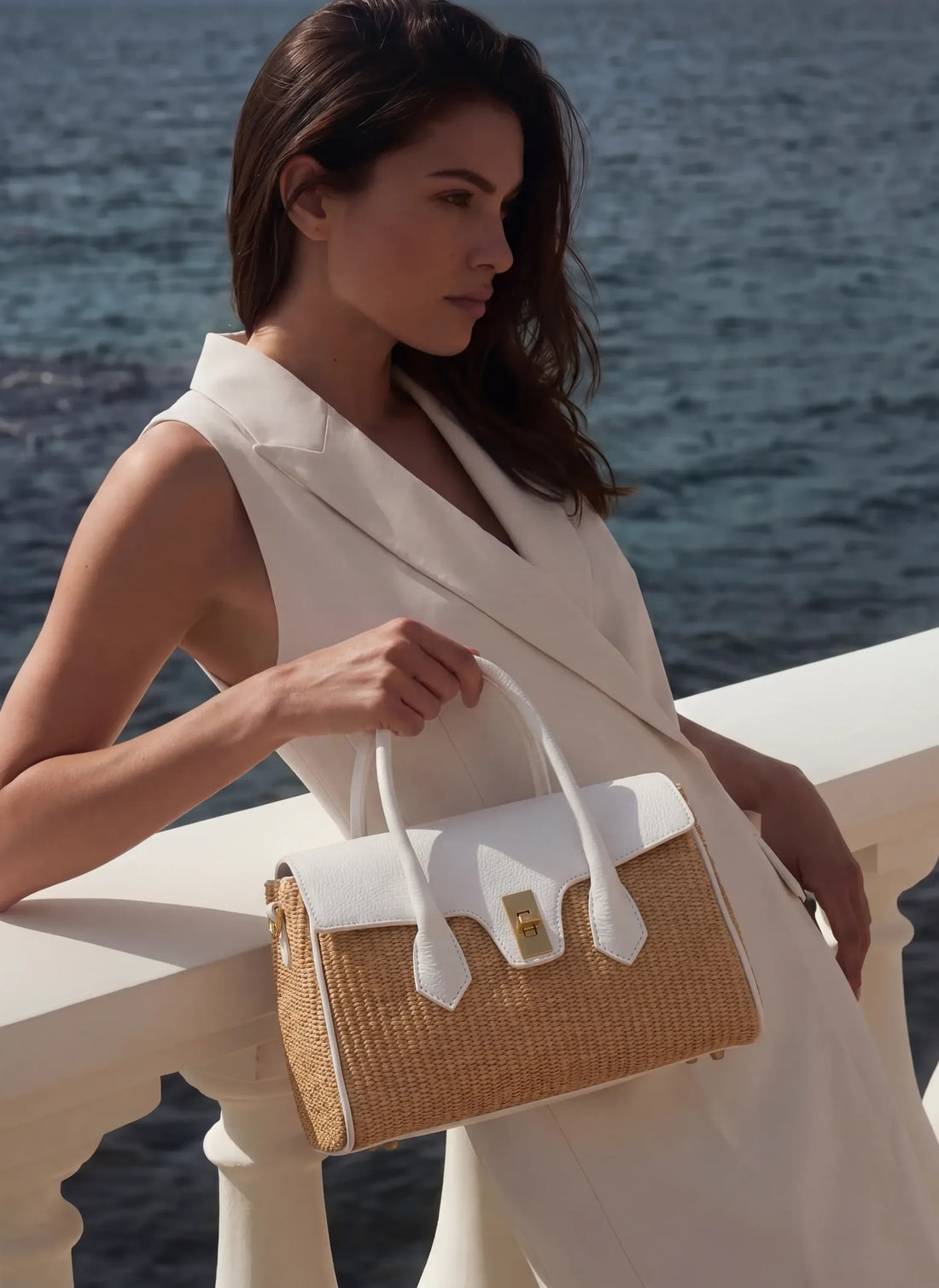 Borsa Cécile in Pelle e Rafia Bianca - Voemièn