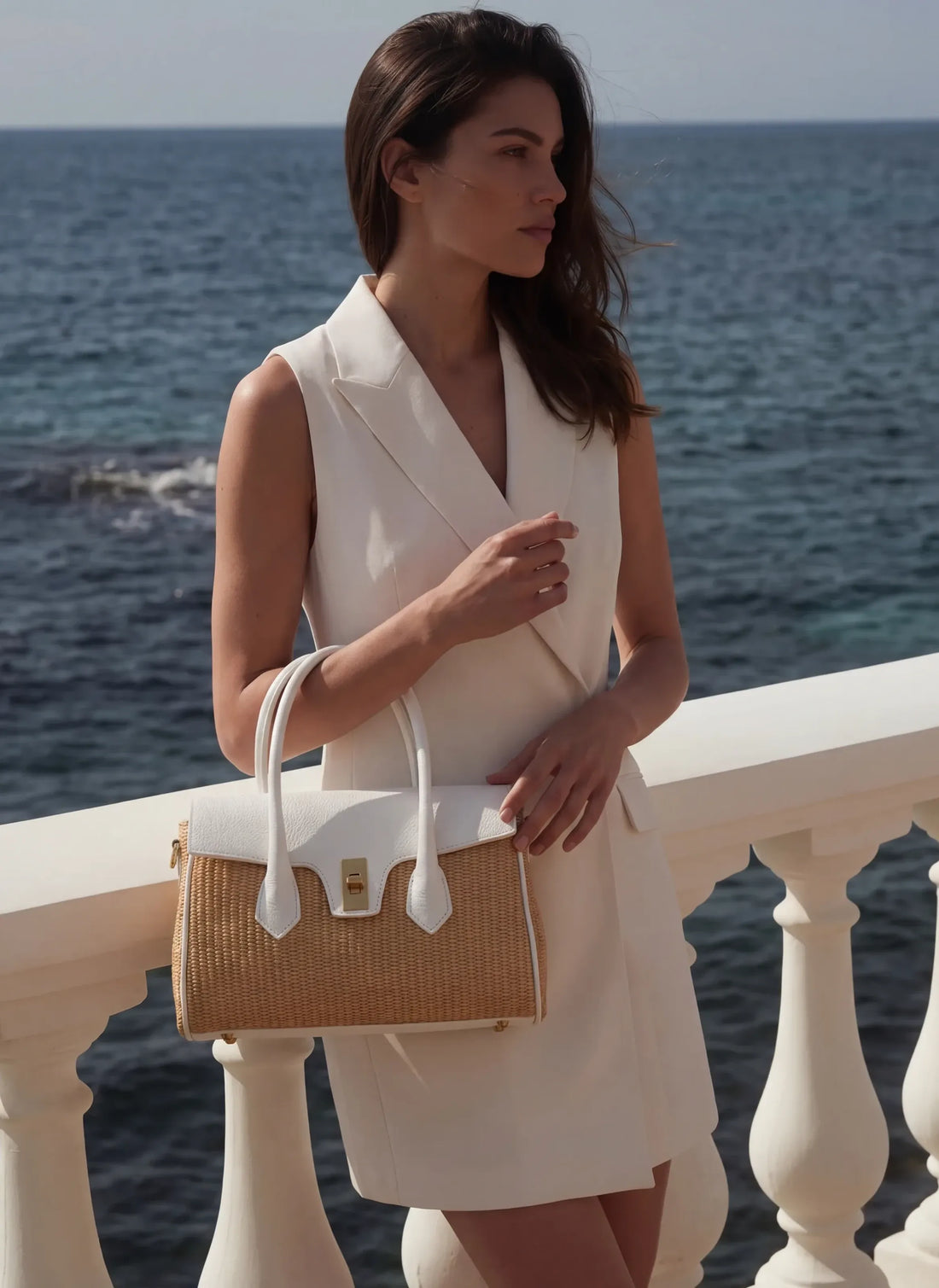 Borsa Cécile in Pelle e Rafia Bianca - Voemièn