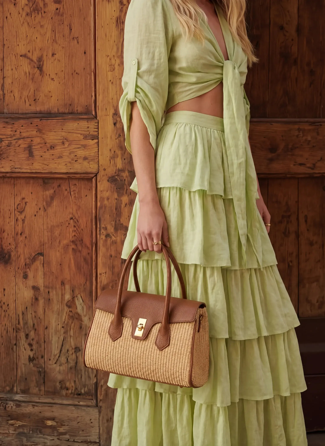 Borsa Cécile in Pelle e Rafia Cuoio - Voemièn
