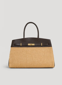 Driade Leather and Raffia Tote Bag in Dark Brown