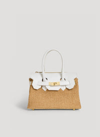 Elizabeth Medium Bag in White Leather and Raffia
