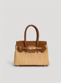 Elizabeth Medium Leather and Raffia Bag Cuoio