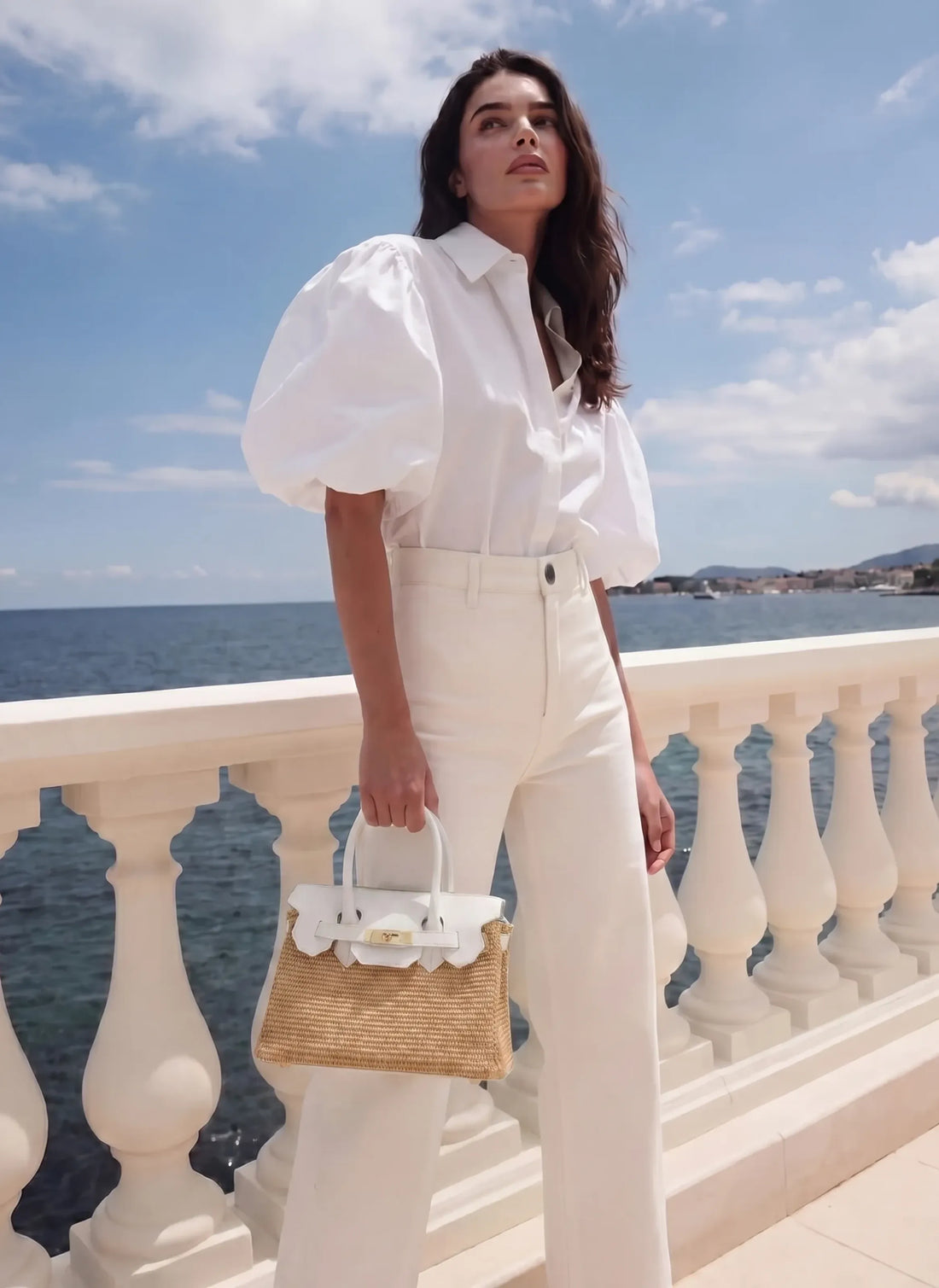 Borsa Elizabeth Media in Pelle e Rafia Bianca - Voemièn