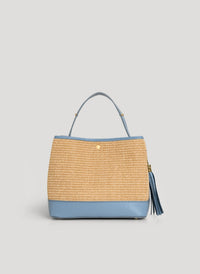 Kendy denim leather and raffia bag