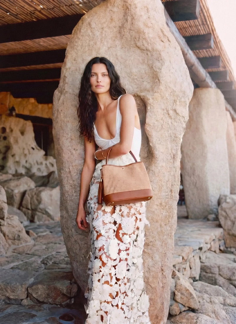 Borsa Kendy in pelle e rafia Cuoio - Voemièn