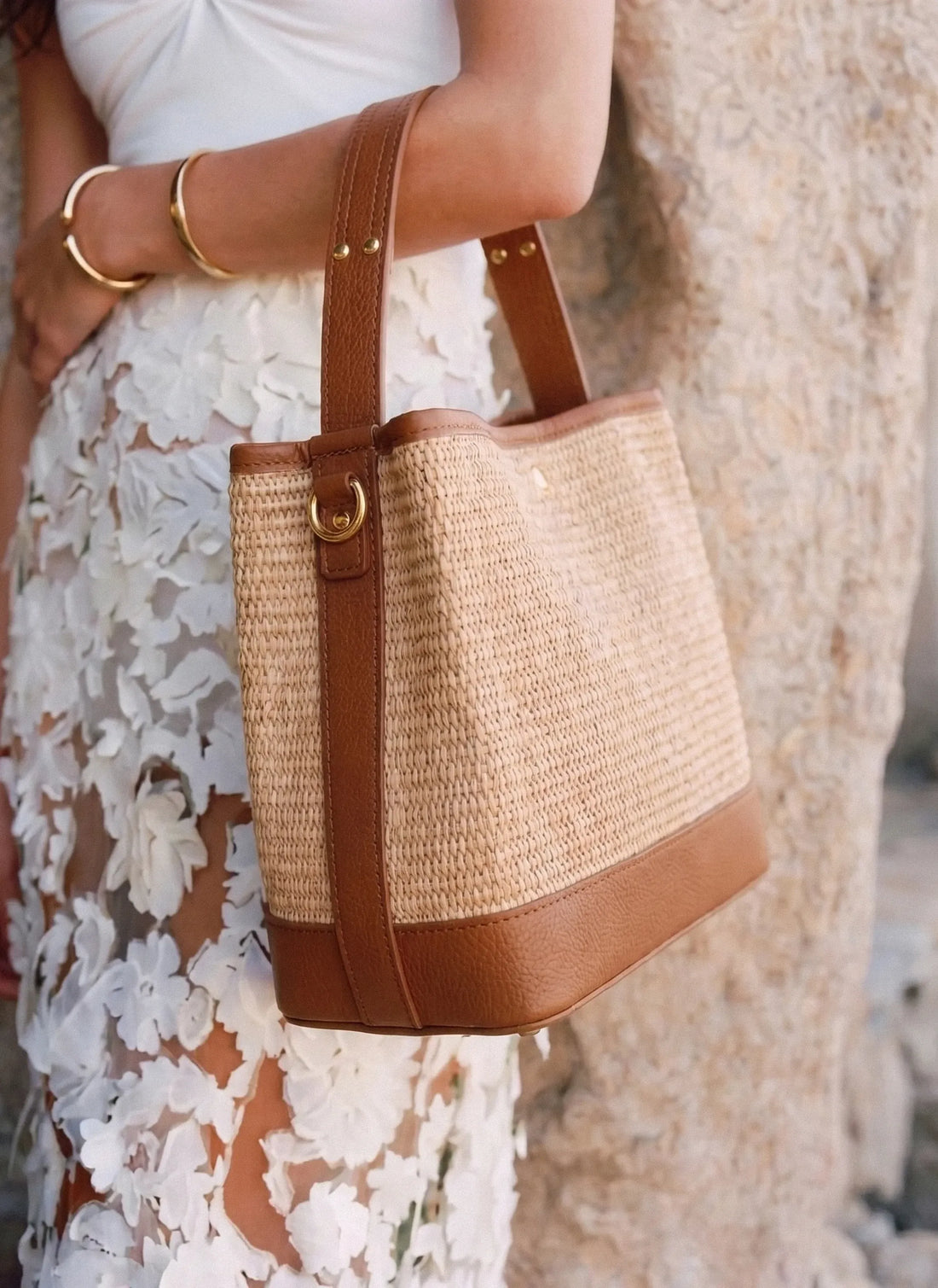 Borsa Kendy in pelle e rafia Cuoio - Voemièn