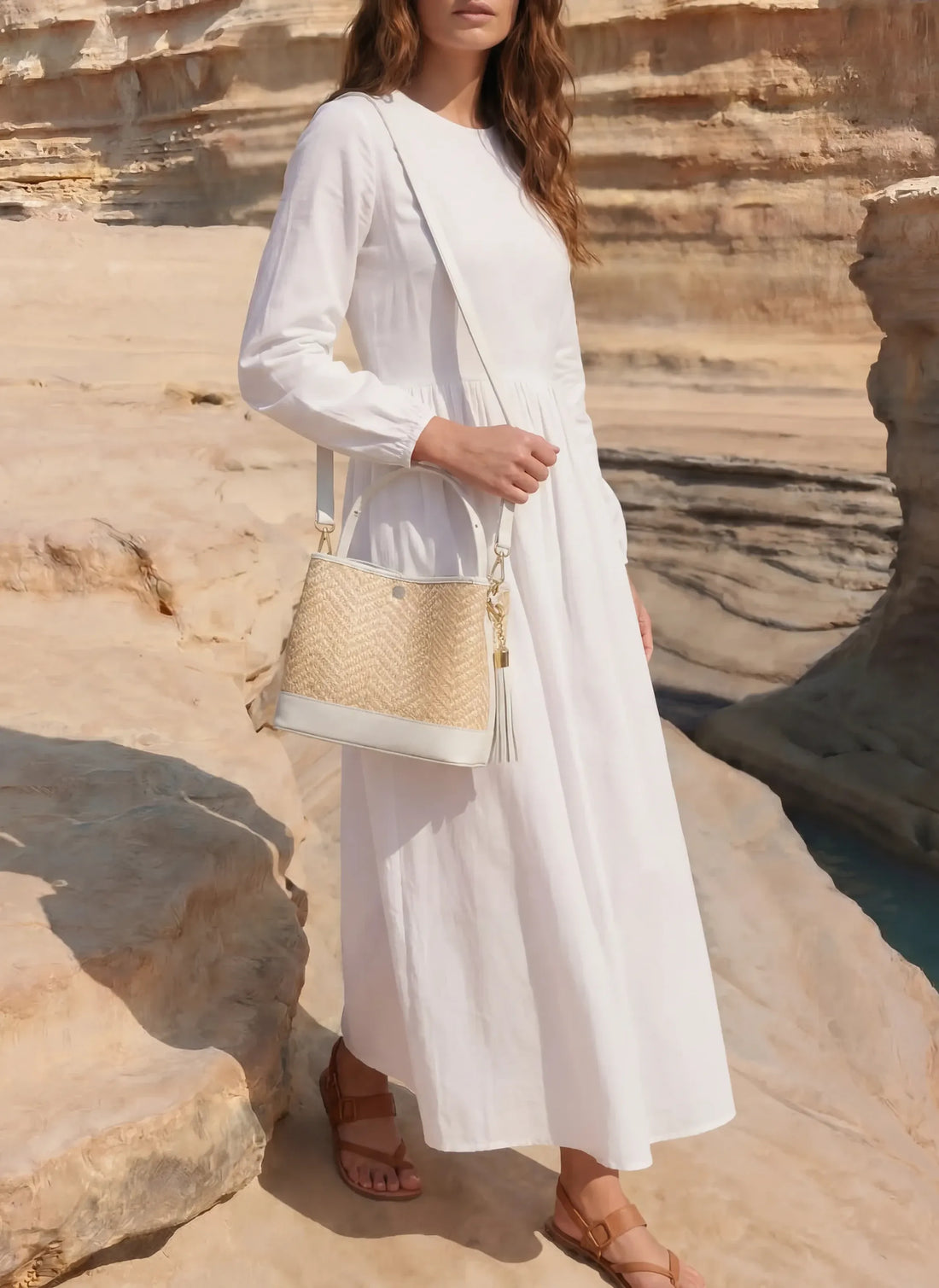 Borsa Kendy in Pelle e Rafia Chevron Limited Edition Bianca - Voemièn
