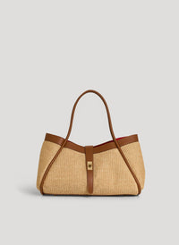 Mayfair Media Bag in Leather and Raffia Cuoio