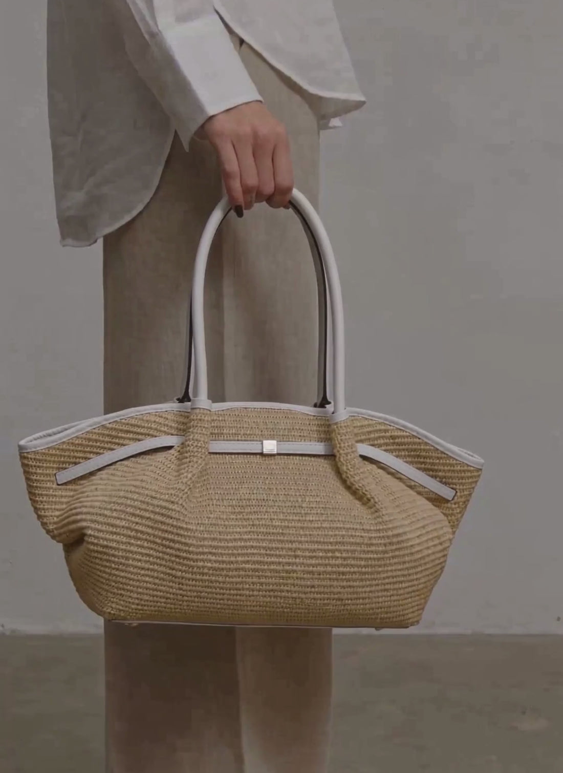 Borsa Brickell in pelle e Rafia Bianca